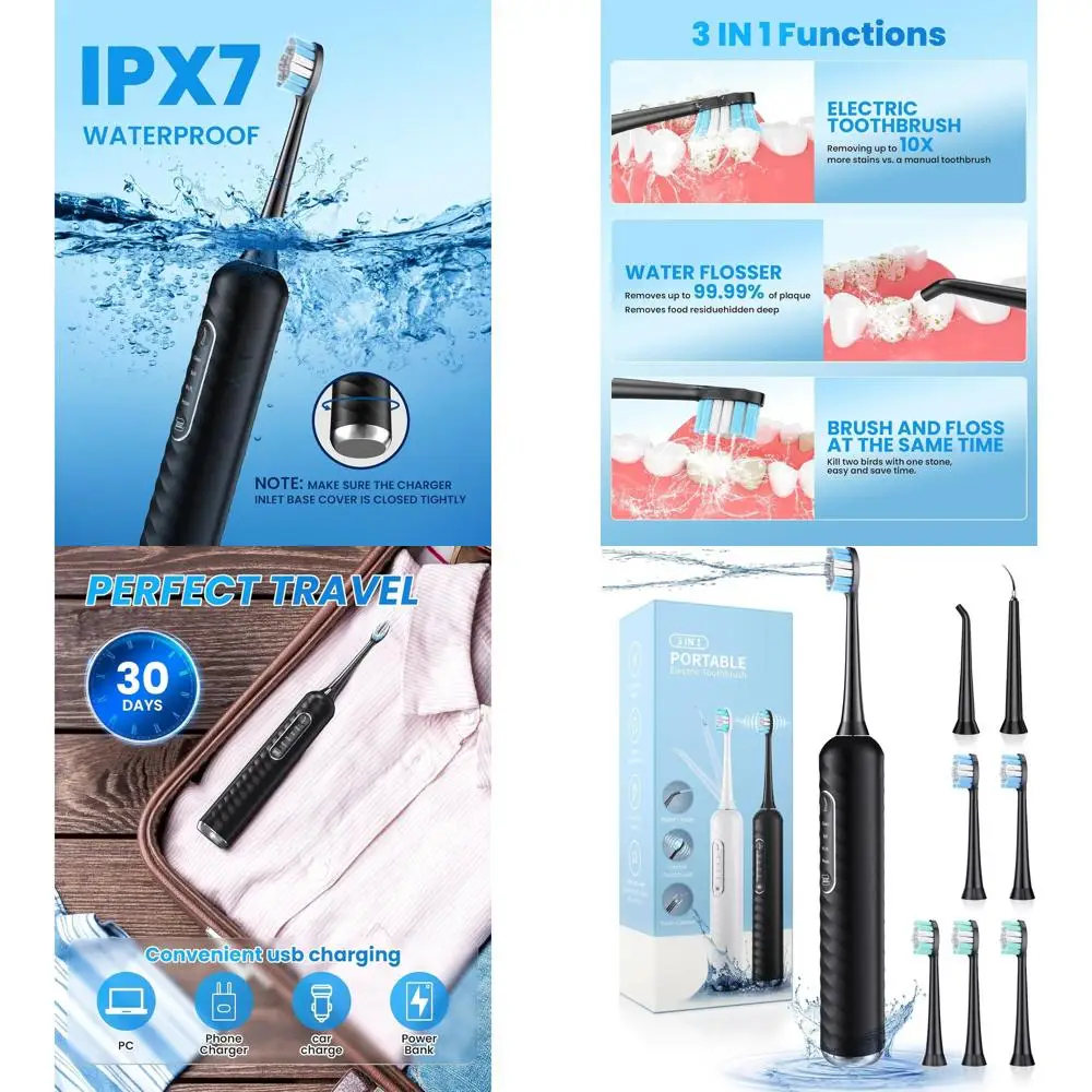

3-in-1 Oral Care Kit: 7-Mode Electric Toothbrush & Portable Water Flosser for Adults (Black)
