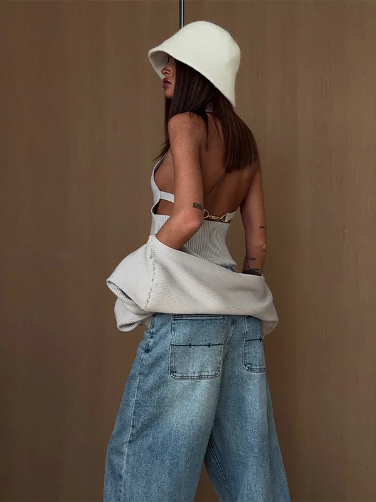 

Women Vest Sweater Two-Piece Set Coat Ribbed Backless Buckle Vest Long Sleeve Shawl Cropped Casual Knitwear Fashion Daily Wear