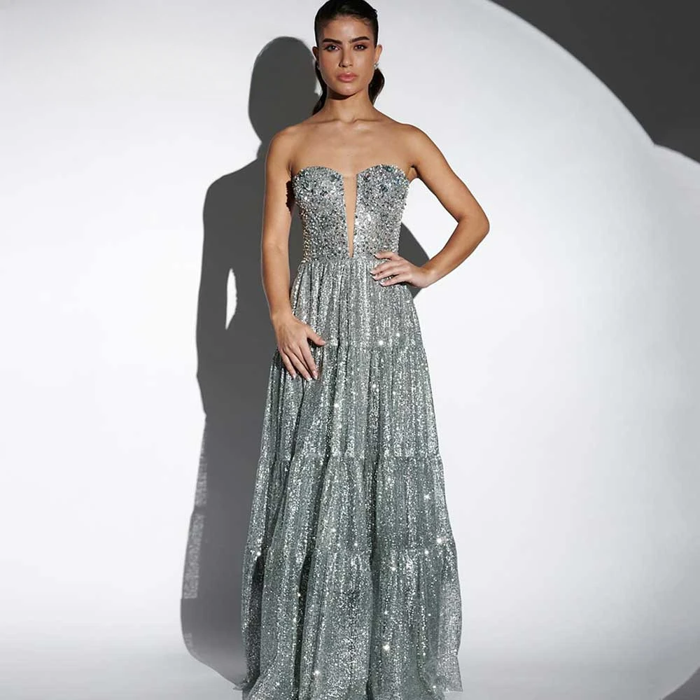 2024 Sparkling Sequin Evening Dress Sweet Collar Sleeveless Skinny Folded Sheath Party Floor mopping Women's Luxury Dressing