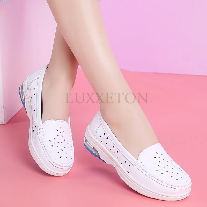 Genuine Leather Air Cushion Nurse Shoes Women Soft Soles Hollowed Out Breathable Non Slip Flat Bottomed White Medical Shoes