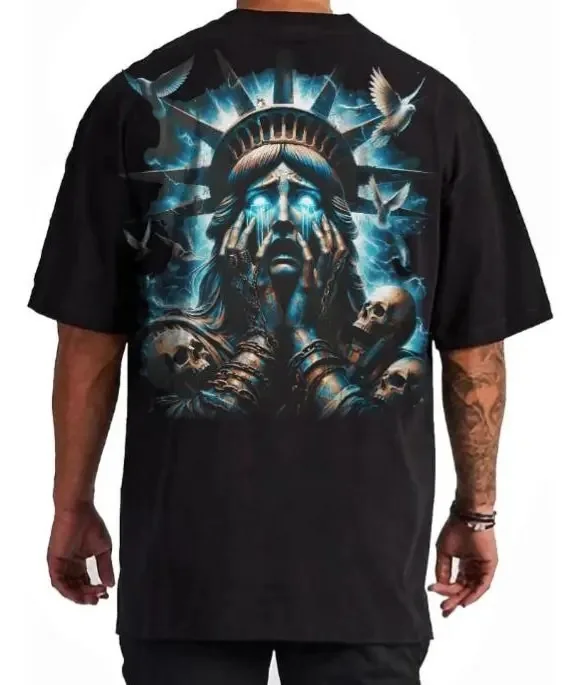 Men's Crying Liberty Statue with Skulls Graphic Vintage Washed T-Shirt, Oversized Cotton Streetwear Tee