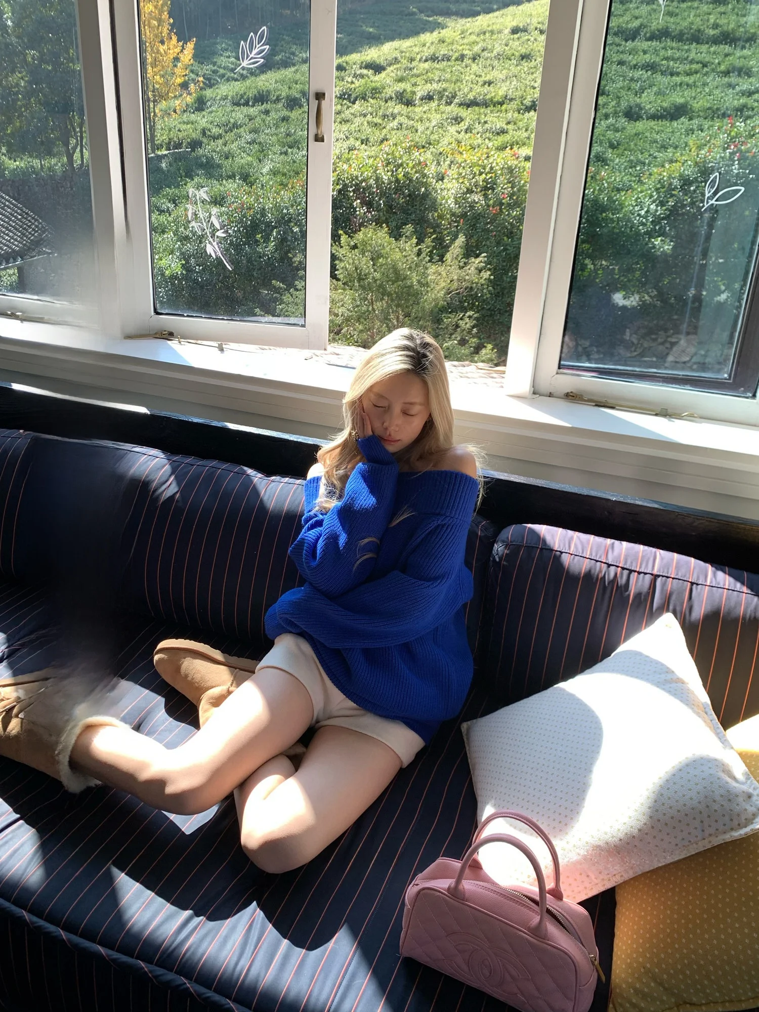 

Loose Long Sve Blue Sweater Women's Lazy Sle Romantic Balman One oulder Knitted Top Winter New Arrival Casual Wear