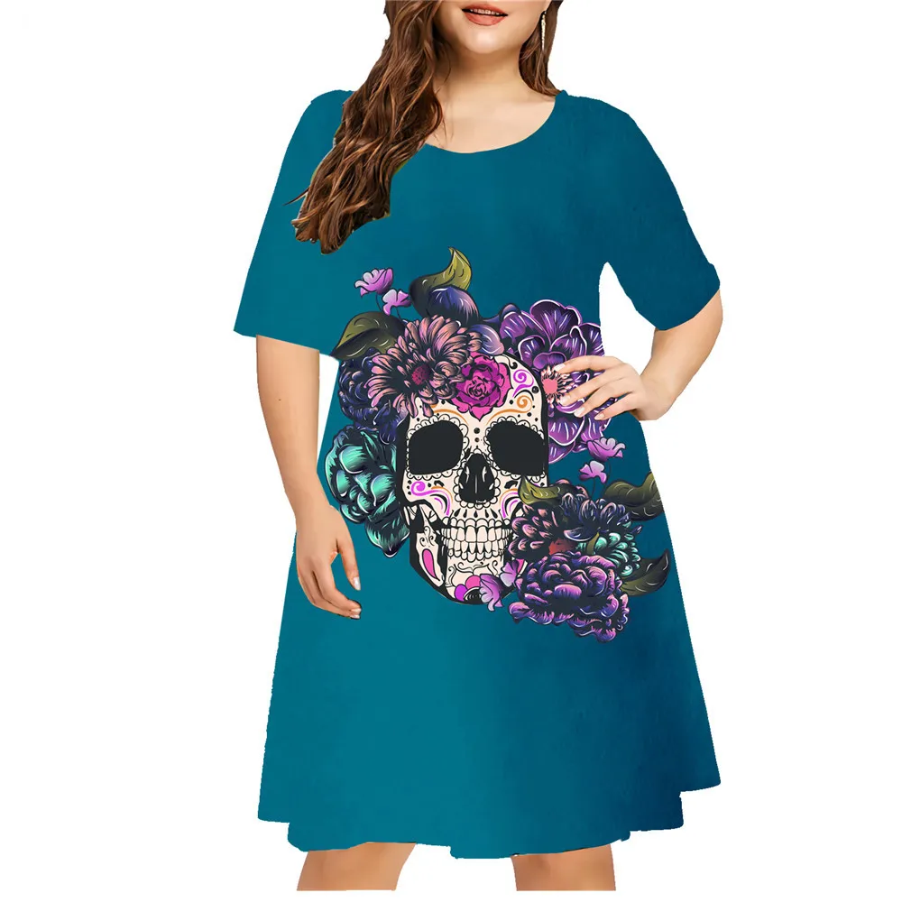 Vestidos con estampado de calavera y flores para mujer, ropa informal holgada de manga corta, talla grande, 8XL, 9XL