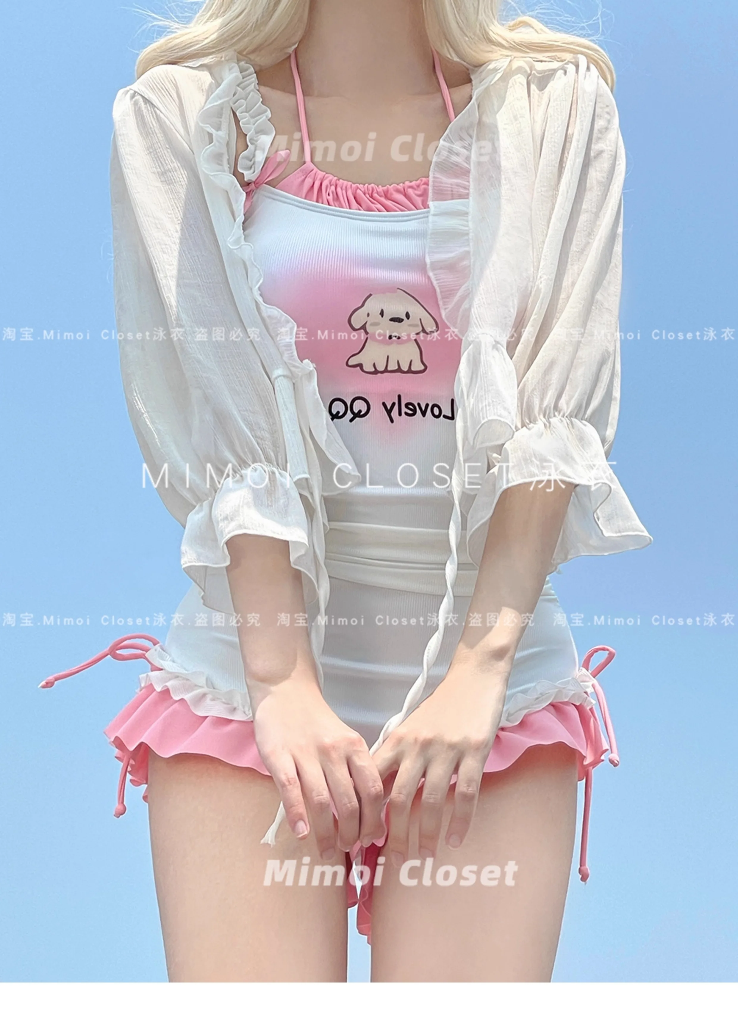 Summer New Blue and White Color Matching Sweet Girl Cute Japanese Suspender Swimsuit One-piece Swimsuit Women's Bathing Suit