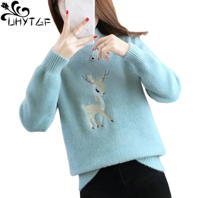 

UHYTGF Cute Girl Autumn Winter Sweater Women's Long Sleeved Imitation Mink Velvet Knitted Tops Female Casual Sweates Ladies 1968