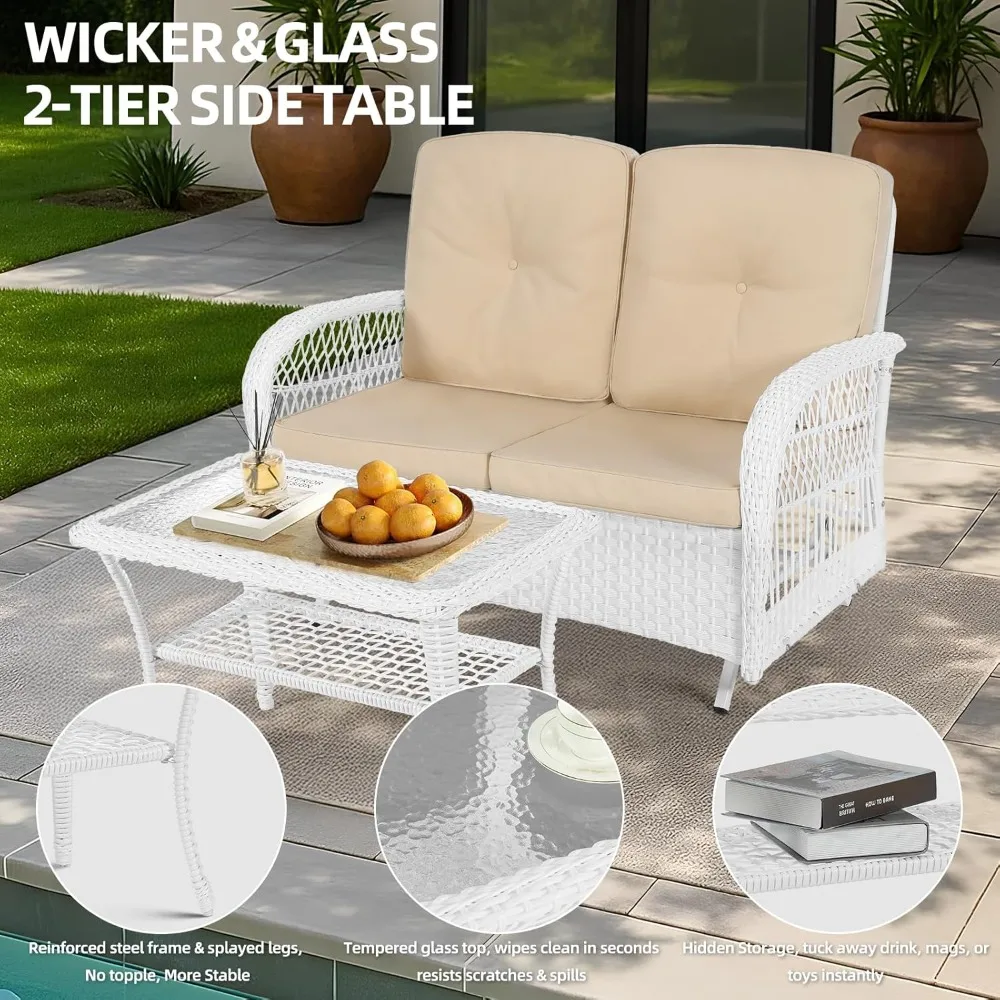 Wicker Patio Coffee Table, 34.5 Rectangle Outdoor Coffee Table with Tempered Glass Top and 2-Tier Storage Shelf