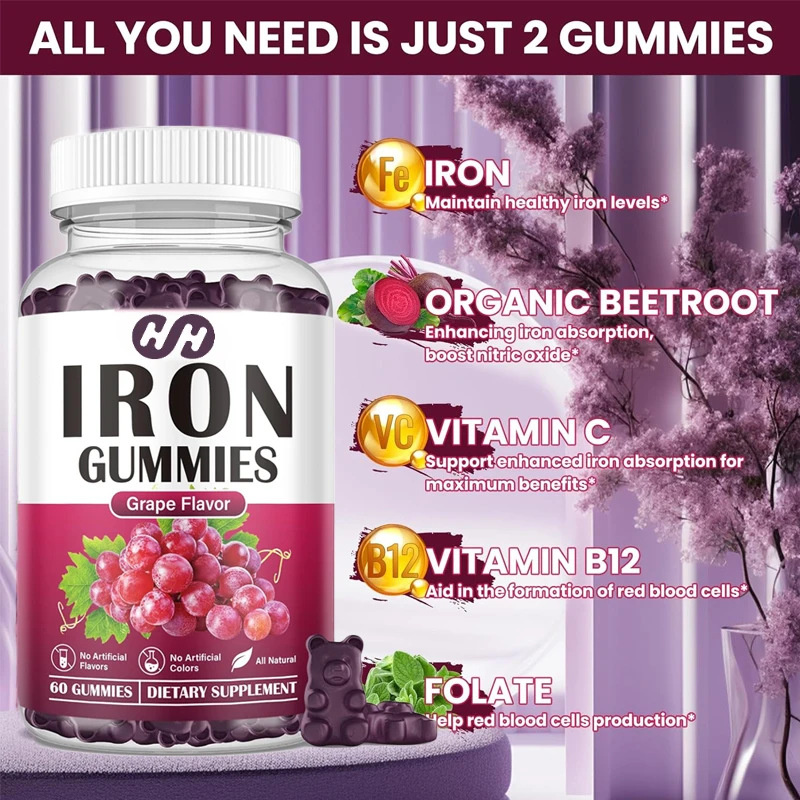 Iron Supplements for Women and Men, Containing Vitamin C,B12, Folate Hematopoietic Agents, and Iron Deficiency Energy 60 Gummies