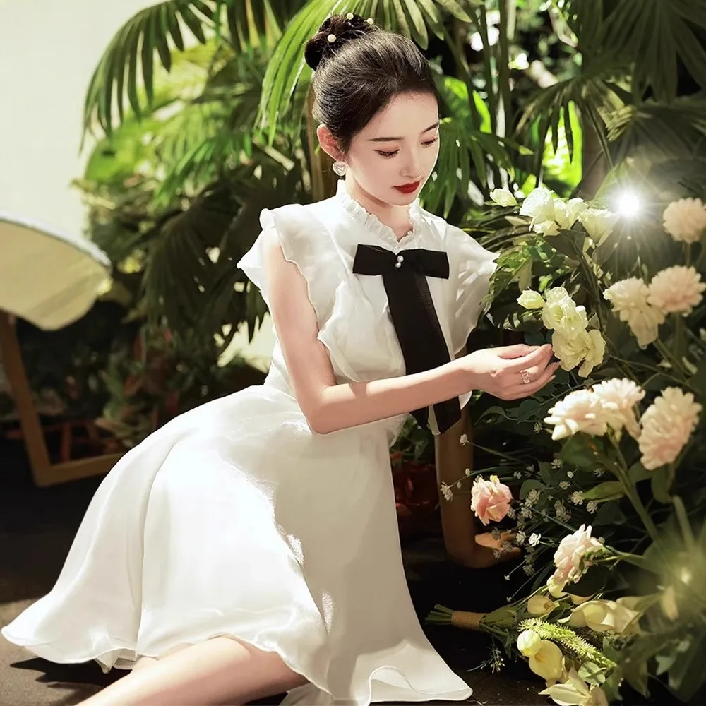 فستان أبيض برقبة دائرية فساتين زفاف حلوة بأكمام جامعية للعروس وحفلات التخرج المسائية وحفلات الضيوف فستان نسائي رسمي #2