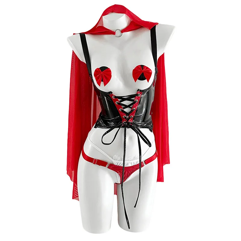 Anime Little Red Riding Hood Sexy lingerie Cosplay Costume Women Open Bra Crotchless Bodysuit Hot Erotic Clothes Nightdress Suit