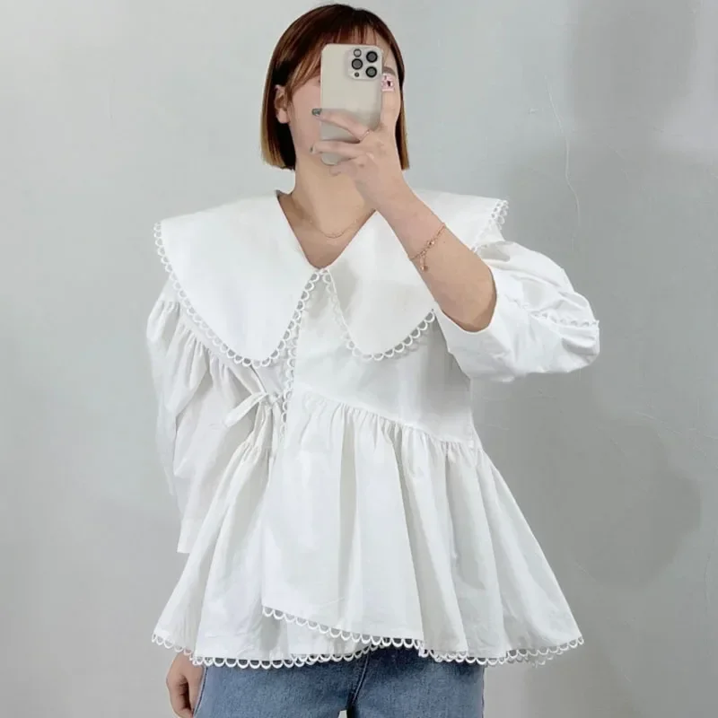 Gagarich Women Blouse Fashion Korean Chic Solid Lace Doll Collar Irregular Design Lace Bubble Sleeve Ruffle Shirt Tops