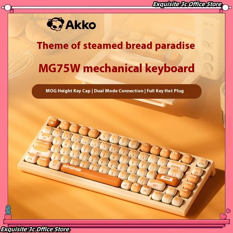 

Akko Mg75w 82 Key Steamed Bun Paradise 2-Mode Mechanical Keyboard Hot Swappable Small Mushroom Height Ttc Axis Girls Universa