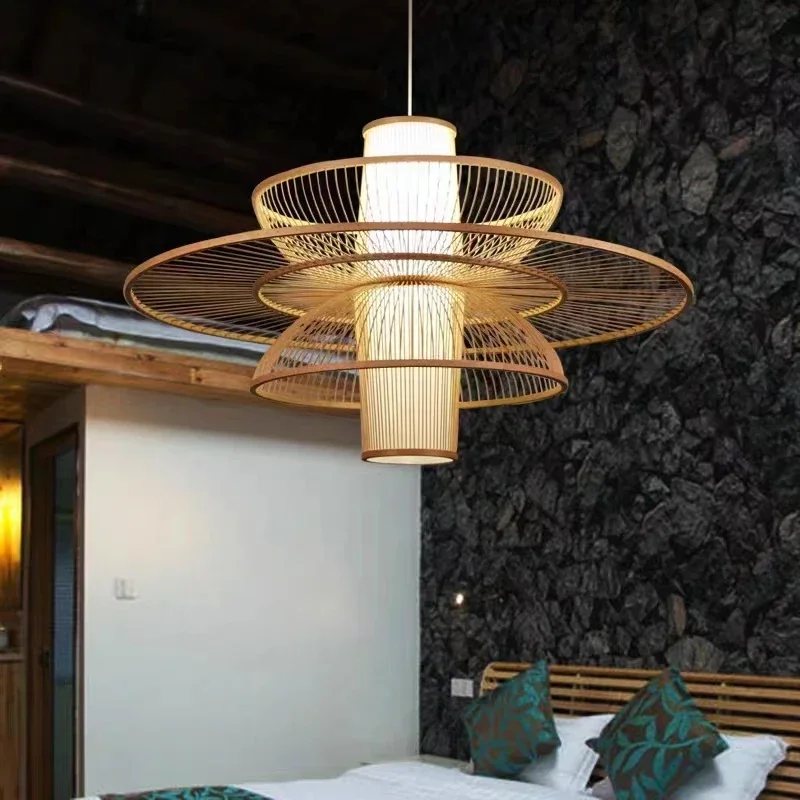 Rural Handmade Bamboo Weaving Rattan Art Chandelier Tea Room Homestay Restaurant Bedroom Japanese Pendant Lamp Home Decor Light