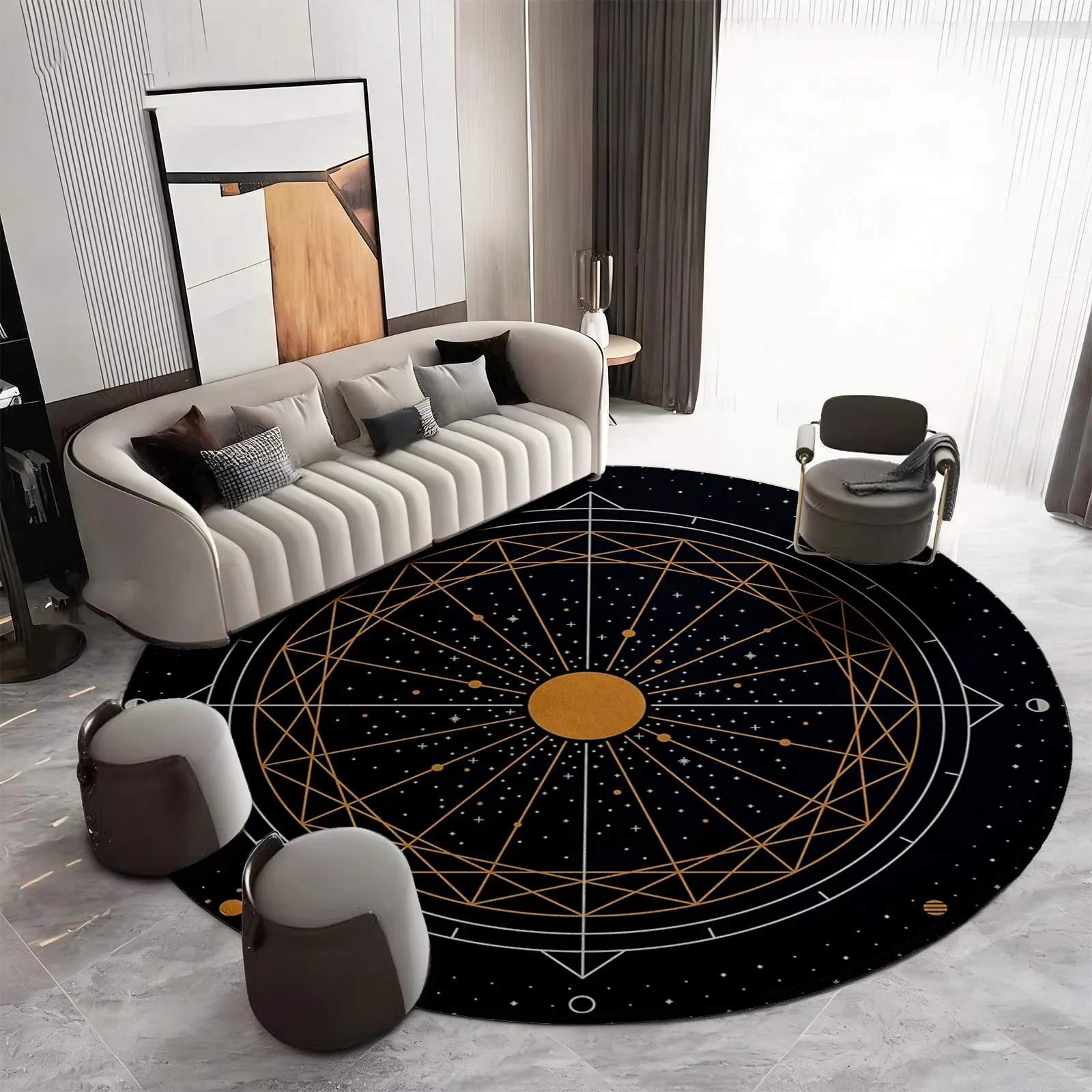 Large Round Constellation Area Rug Black Gold Star Map Celestial Astrology Zodiac Boho Space Decor Modern Living Room Carpet Mat