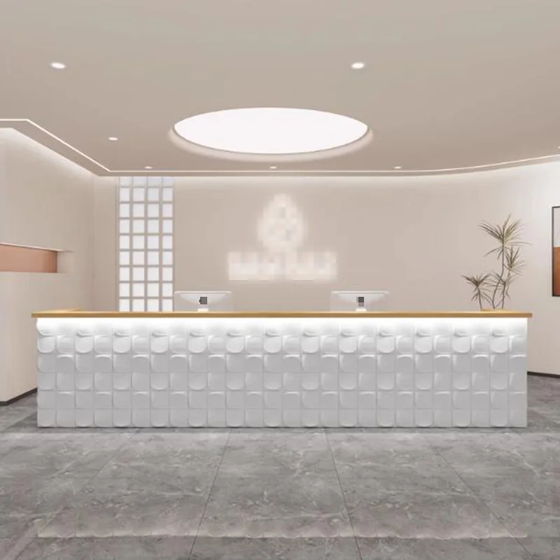 ترحيب مكاتب الاستقبال في الفندق تصميم الشركة مكاتب الاستقبال درج الزاوية أضواء LED الأثاث الأبيض Comptoy Accueil العصرية #6