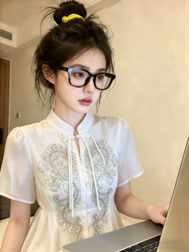 

New Chinese Style Stand Collar Button Short Sleeve Shiny Sequin Women's Summer Thin Top Self-Preserved Fashionable Shirt