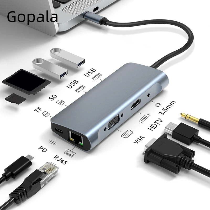 Gopala 9 в 1 USB C концентратор с 100 Вт PD, HDMI 4K, USB 3,0 2,0, VGA, SD/TF кардридер, 3,5 мм аудио разъем док-станция