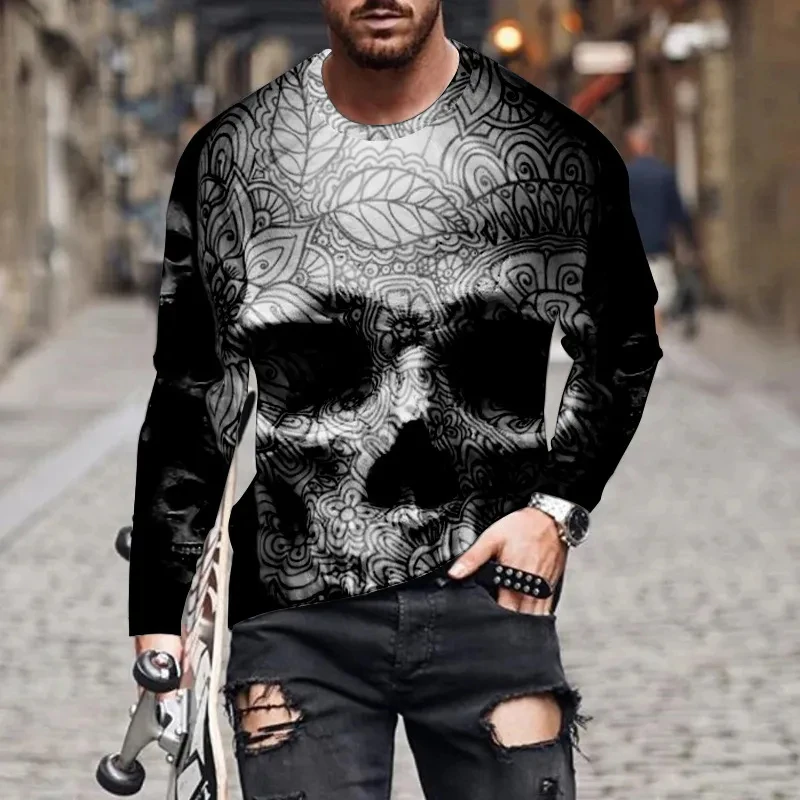 Fashion 3D Skull Print Long Sleeve T-shirts Hip Hop Trend Harajuku Men\'s T Shirt Casual O-neck Loose Tops Vintage Clothes