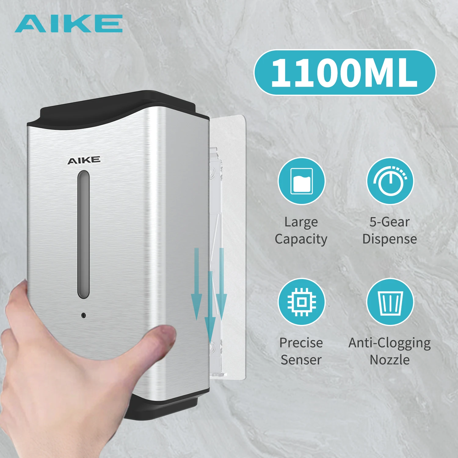 Aike 1100Ml Automatische Zeepdispenser Badkamer Handdesinfecterend Vloeibare Dispenser Rvs Wandmontage Zeepdispenser