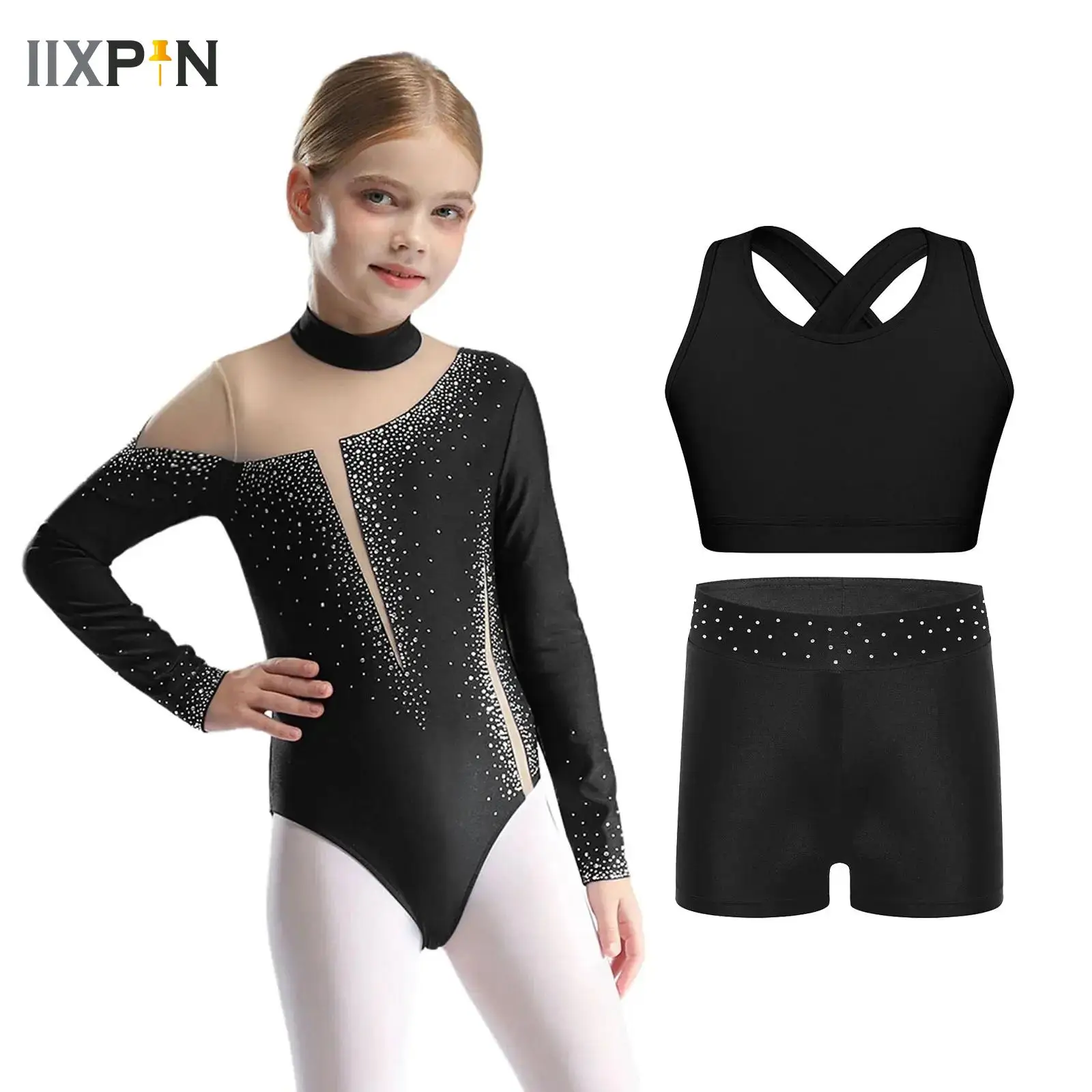 

Kids Gymnastics Leotard Bodysuit Long Sleeve Dancewear Sets Ballet Outfit for Girls Children Figure Skating Jumpsuit+Vest+Shorts