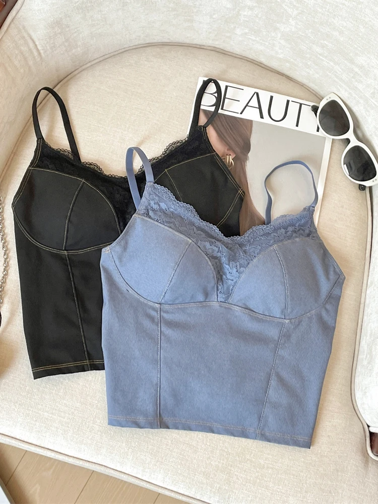 

Denim Blue Striped Chest Pad Small Strap Vest Women's Underwear Summer Beautiful Ba-Piece Base Layer Outerwear Top