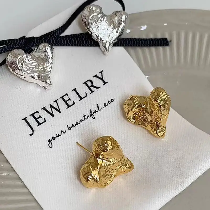 Trendy Irregular Heart Earrings with Textured Crinkled Finish for Women