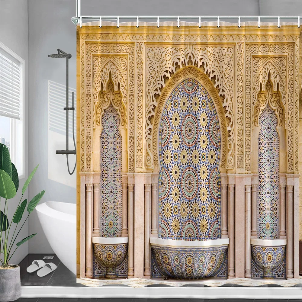 Vintage Moroccan Shower Curtains Arch Ethnic Style Floral Architecture Home Wall Hanging Cloth Bathroom Curtain Decor With Hooks