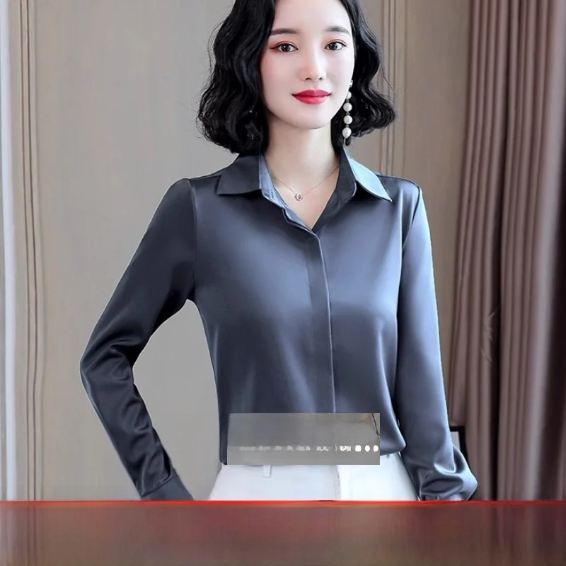 Long Sve Silk Irt Damen Frühling Herbst Faion 2025, New Midlife Mom's Irt High-End-Seidenoberteil, Pendler-Sle-Sle...