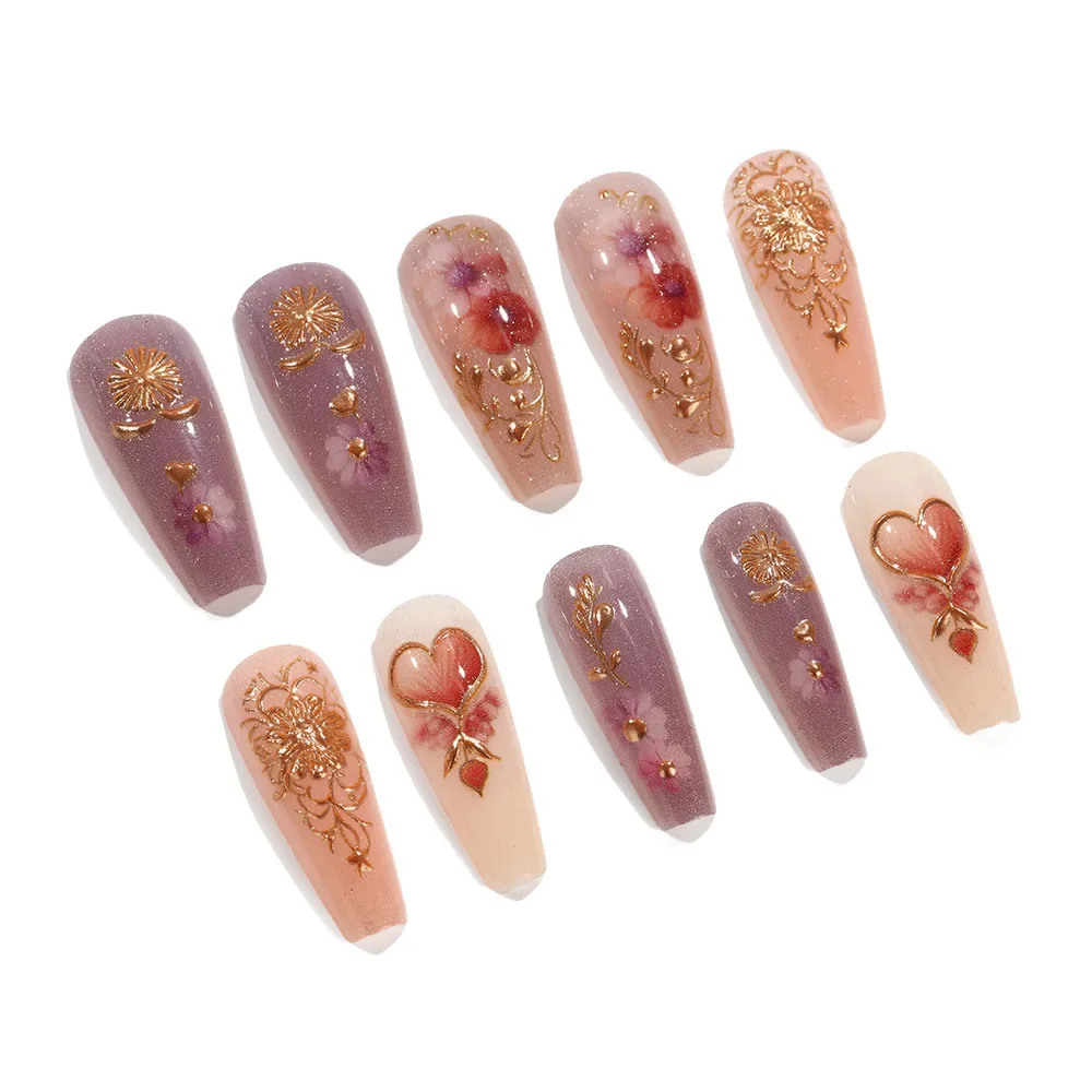 

24PCS Square Coffin Press on Nails with Heart Pink Purple Design Luxury Vintage Gilt Sunflower Fake Nails Elegant False Nails 네일