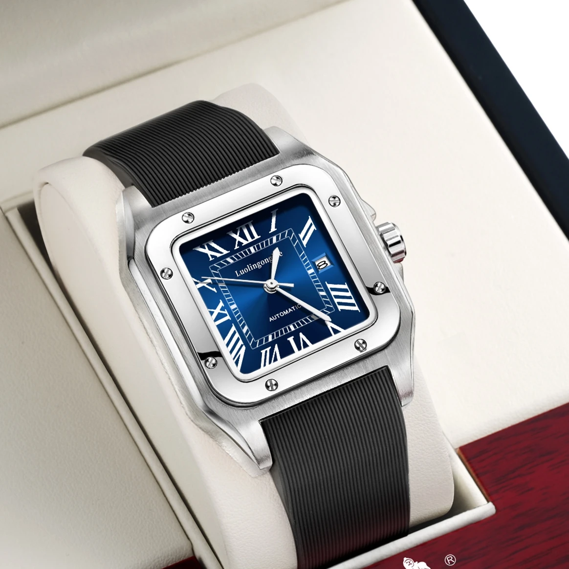 Luxury Watch On Rubber Strap - Square-Shaped Popular Men's Mechanical Watch, Fully
