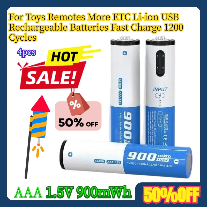 

4pcs For Toys Remotes More ETC 1.5V Li-ion AAA USB Rechargeable Batteries 900mWh Fast Charge 1200 Cycles