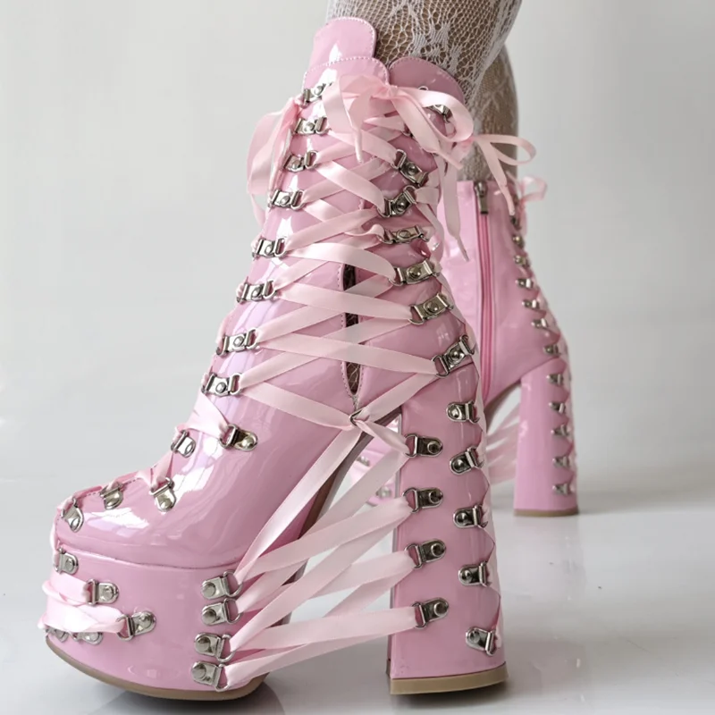 

Розовые женские ботильоны из лакированной кожи в стиле панк с круглым носком на массивном каблуке, ботинки со шнуровкой и повязкой, большие размеры 47