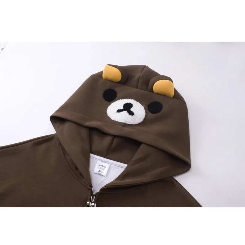 Linda sudadera con cremallera Rilakkuma, chaquetas elegantes con temática de animales, sudadera con capucha con orejas de oso para mujer, sudaderas