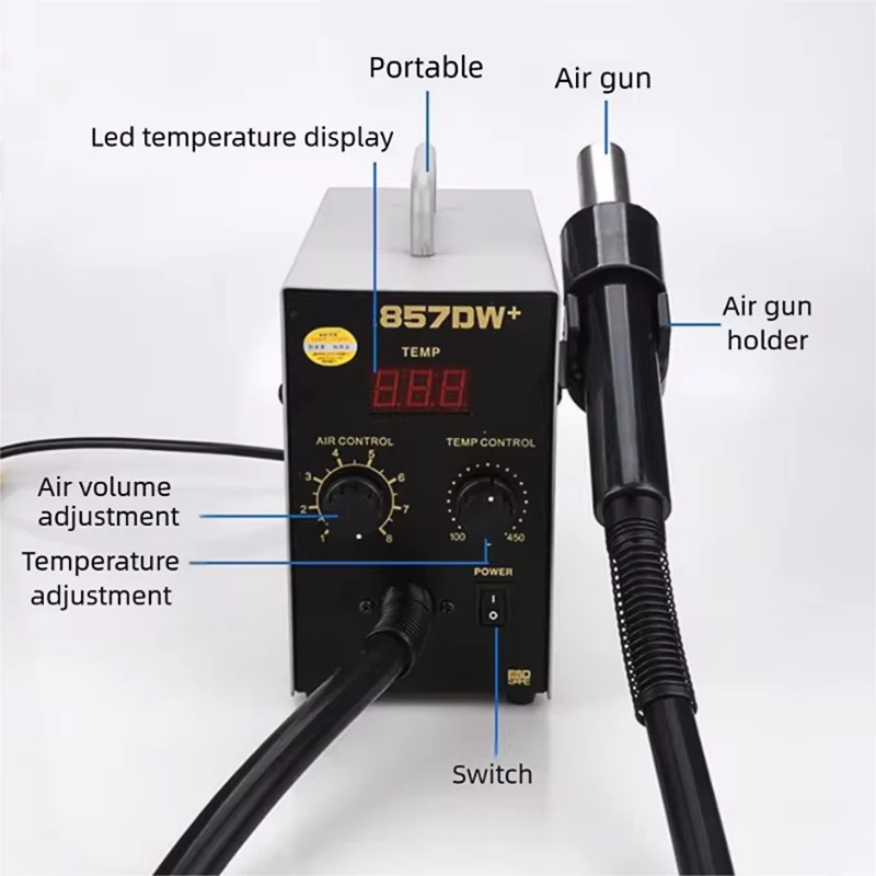 857DW Soldering Station Adjustable Hot Air Gun Pencil Grip Helical Wind 580W SMD Rework Station Heating Element Plastic