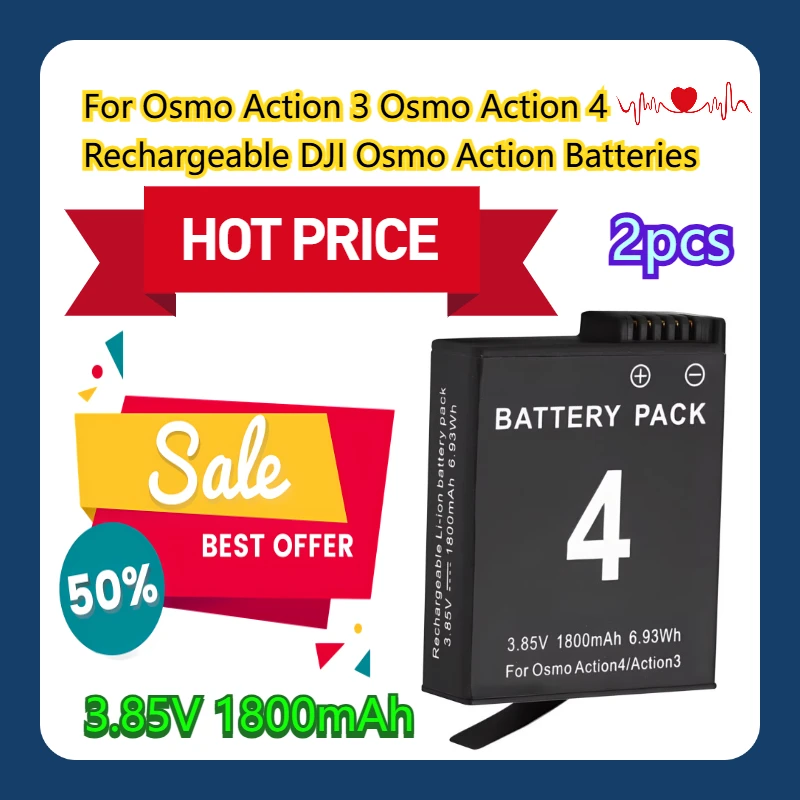 

For Osmo Action 3 Osmo Action 4 Rechargeable DJI Osmo Action Batteries 3.85V 1800mAh 2pcs