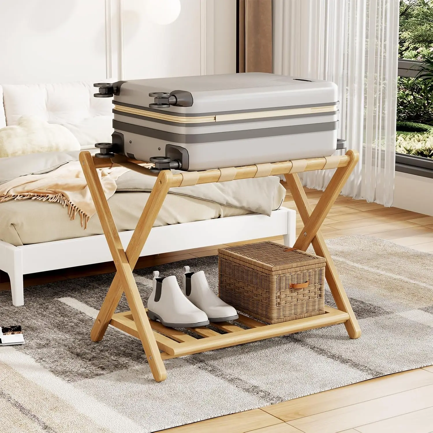 

Foldable Bamboo Luggage Rack with Shoe Shelf, Fully Assembled for Guest Rooms and Hotels