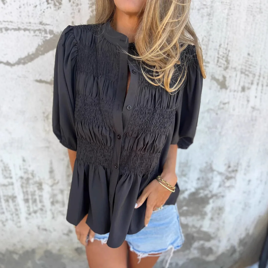 Retro Fashion Solid Color Women's Shirt Summer Casual Round Neck Half Sleeve Single Breasted Pleated Loose Top 2025 New Style