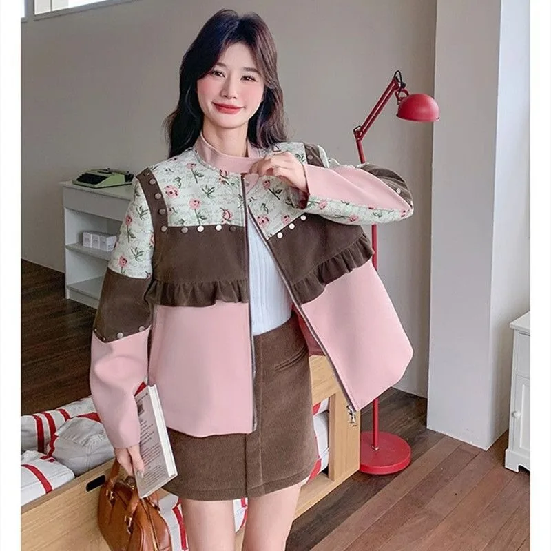 

Новая осенне-зимняя женская короткая куртка с цветовыми блоками и цветочным пэчворком, кардиган с воротником-стойкой, модный дизайн