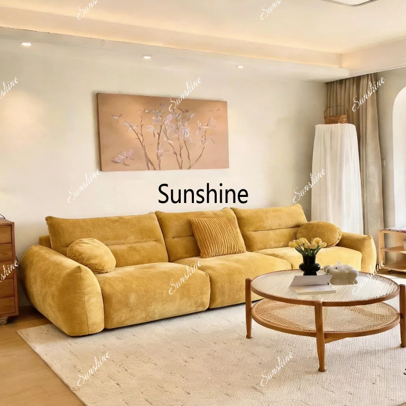 

Light French Cream Wind Small Apartment Retro Chenier Fabric Sofa Yellow Design