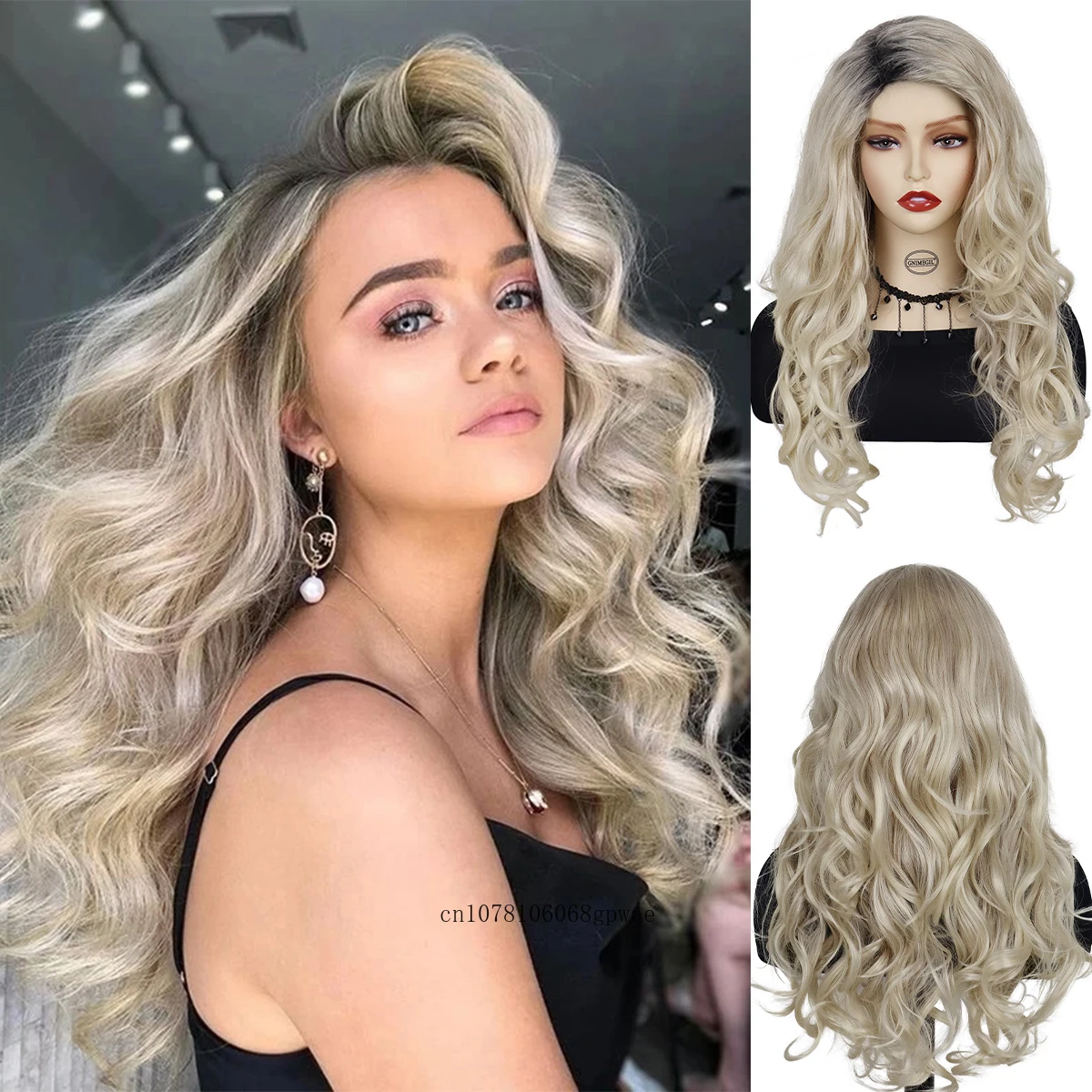 

Women's Long Body Wavy Synthetic Wig Platinum Blonde Dark Root Wigs with Bangs Girls Daily Cosplay Halloween Costume Party Use