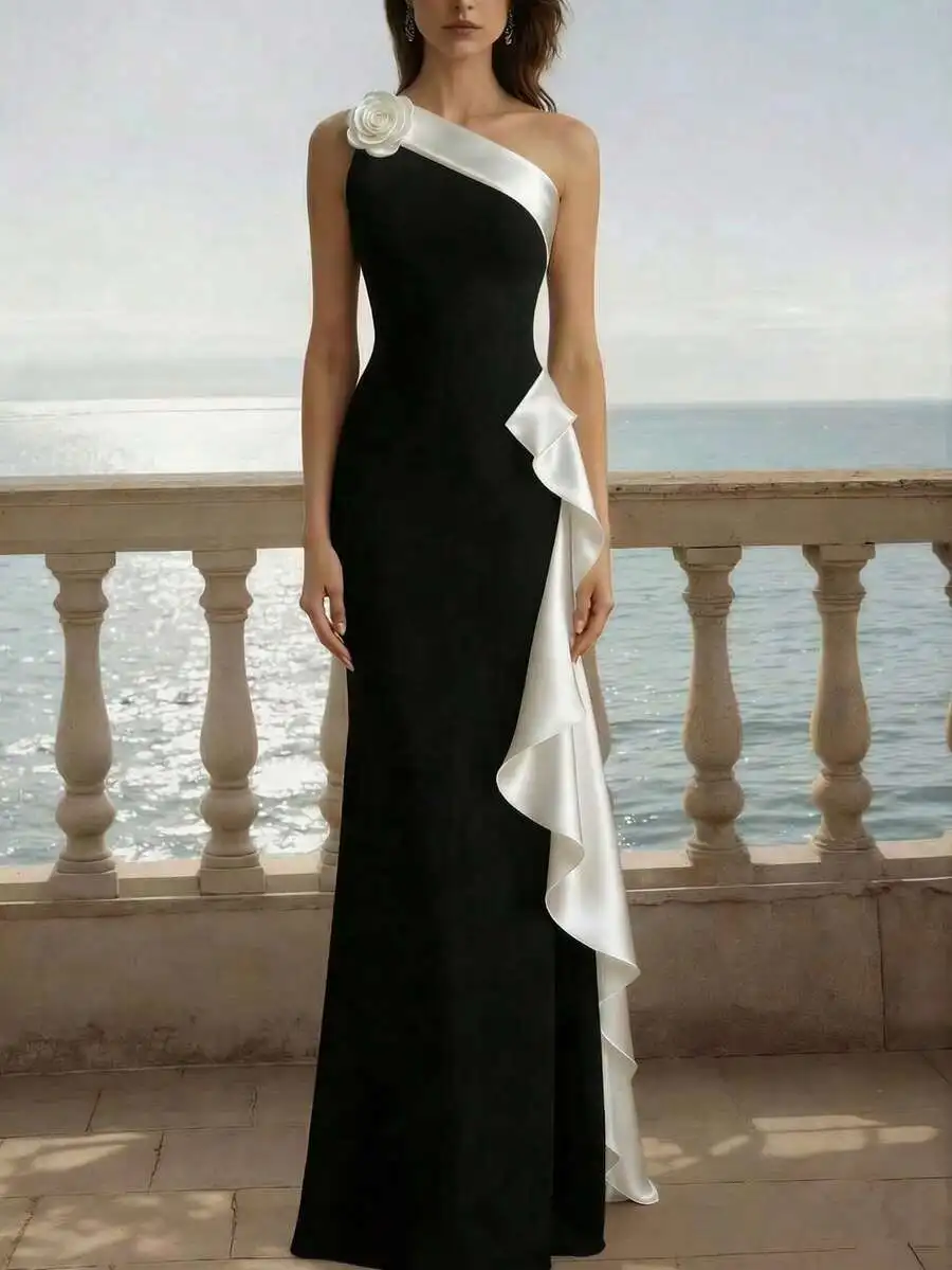 

Asymmetric Black And White Mermaid Maxi Gown With Ruffle Slit And 3D Rose Floral Decor