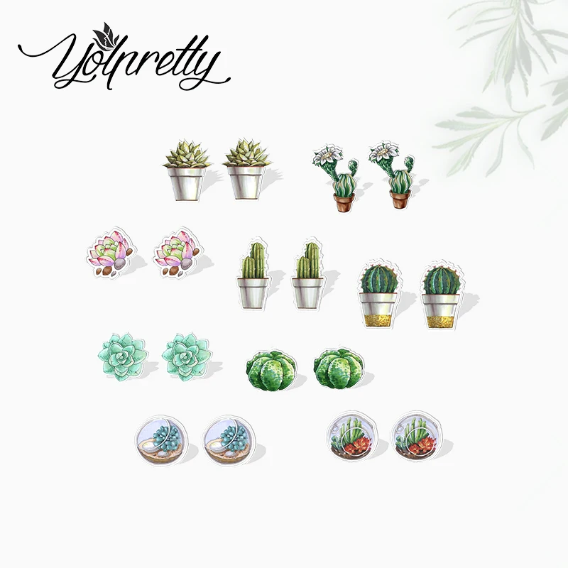 2022 New Arrival Succulent Pot Cactus Plants Graffiti Epoxy Stud Earrings Handcraft Acrylic Resin Earrings