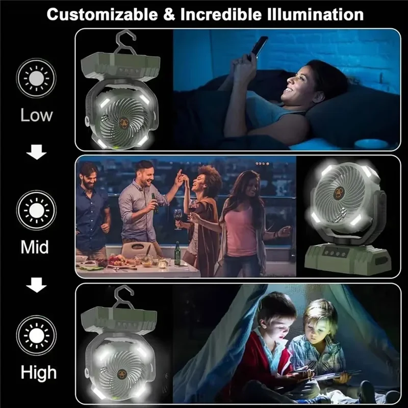 مروحة تخييم محمولة B72A مع ضوء LED يهز الرأس، معلقة بخطاف الهواء للاستخدام في الهواء الطلق