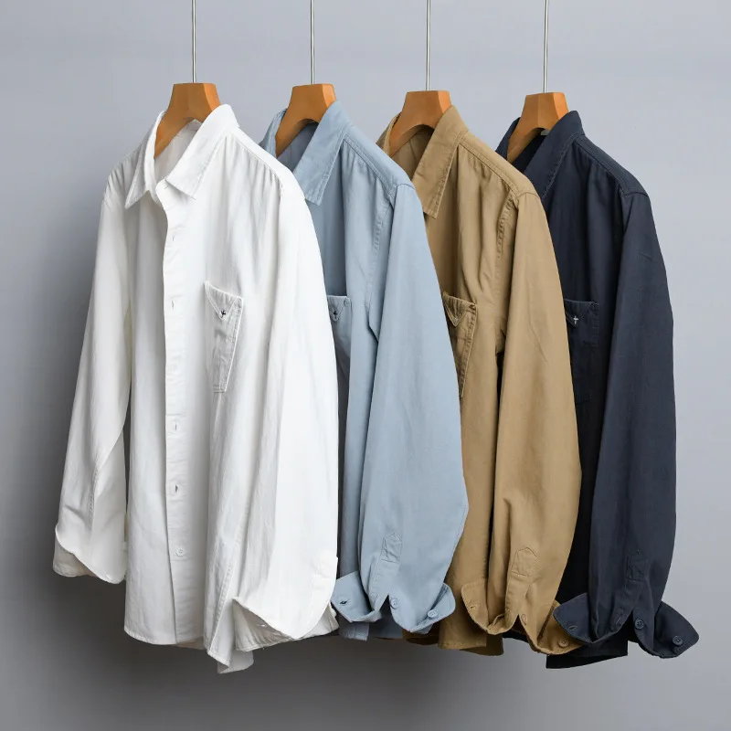 2024 Autumn New Vintage Solid Color 100% Cotton Shirts for Men Clothing Casual Comfort Soft Long Sleeve Men Shirts FY9586