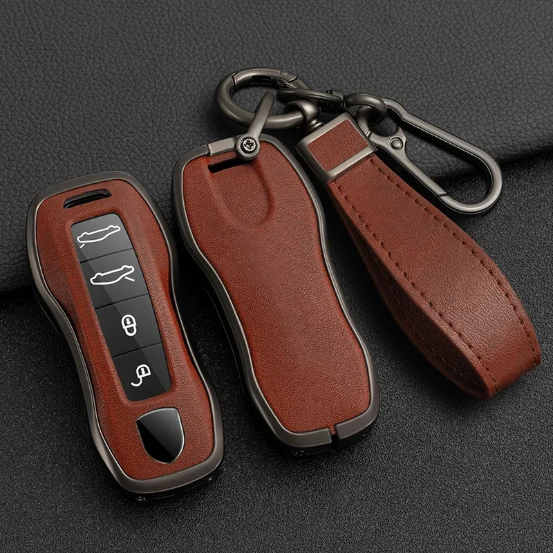 Funda de aleación de Zinc y cuero para llave de coche, soporte Fob para Porsche Cayenne Panamera 971 911 9YA Macan 718 Cayman Boxster 3 Remote