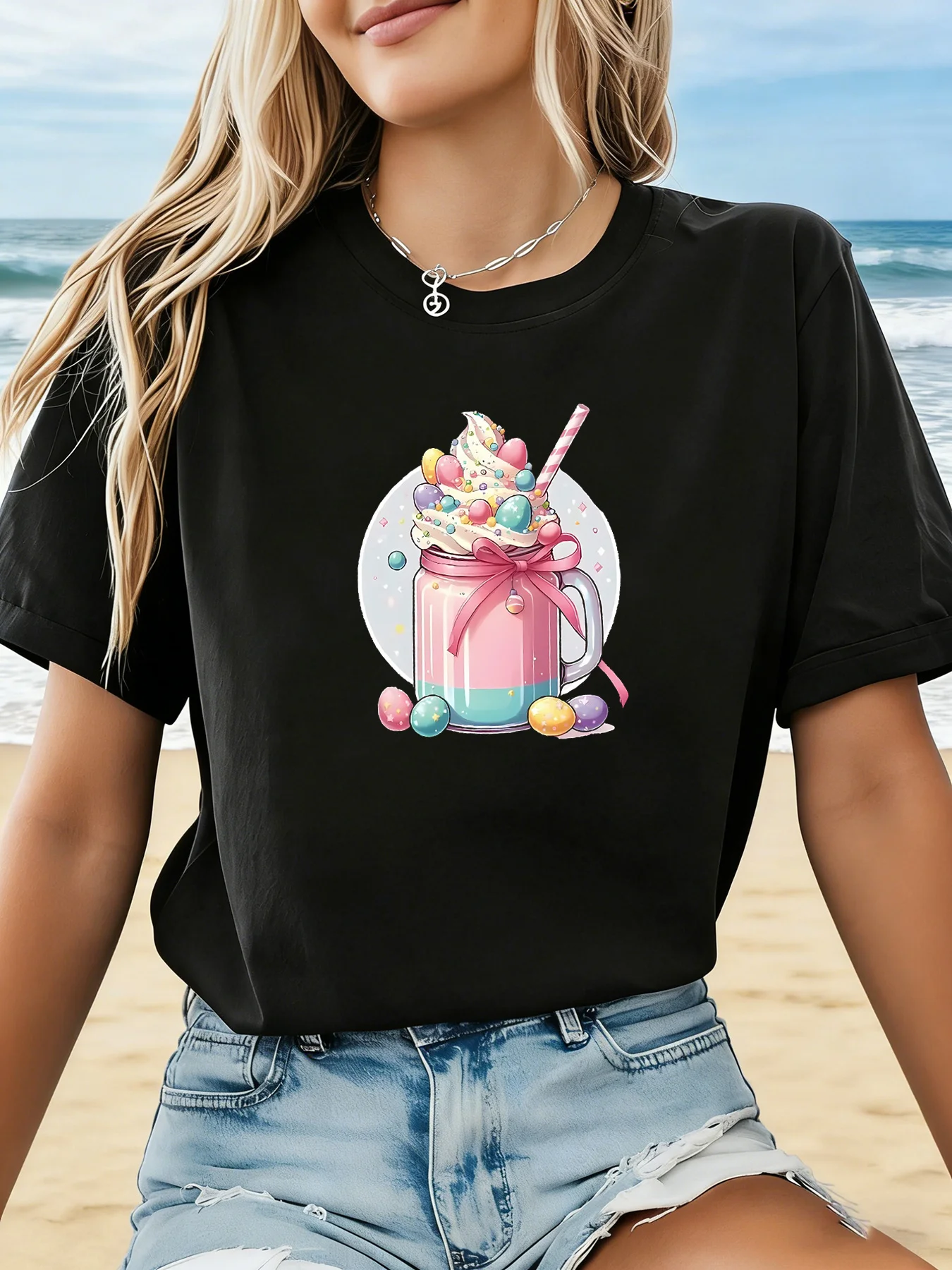 Women'S with A Graphic Milkshake Print Featuring Short Sleeves and A Crew Neck Perfect for Casual Wear in Spring and Summer