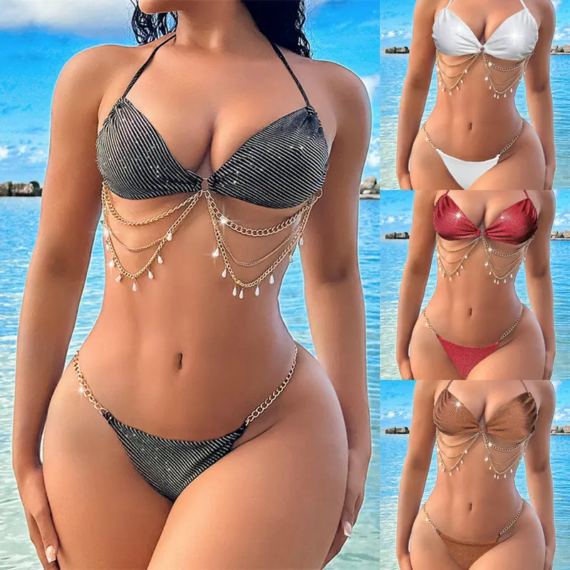 Sexy Chain Bikini Women Brazilian Swimwear 2 Pieces Swimsuit Bathing Suit Women 2025 Bikini Set Beach Shining Swimming Suit