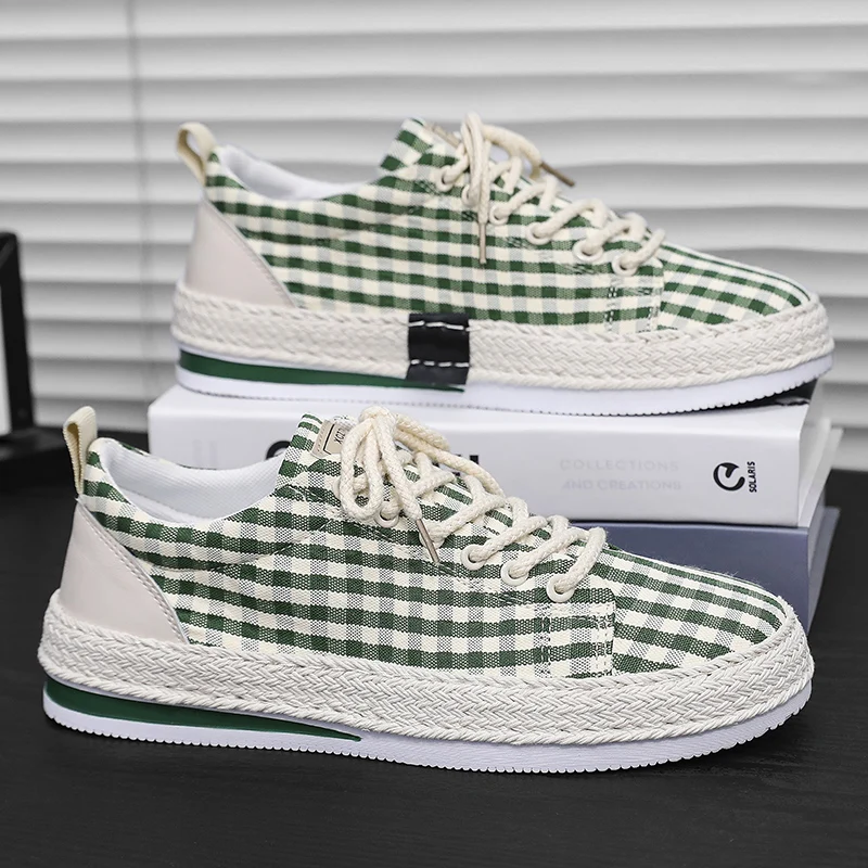 Hot Sale Gingham Men's Canvas Sneakers Fashion Casual Green Sneakers Men Trendy Lightweight Breathable Skateboard Shoes For Men