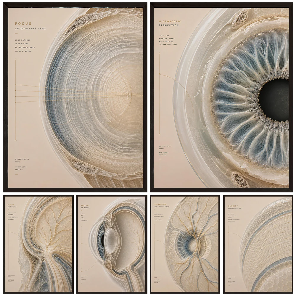 Ophthalmology Microscopic Eye Anatomy Wall Canvas, Neutral Beige Gold Medical Artwork Poster for Optician Clinic Room Decor