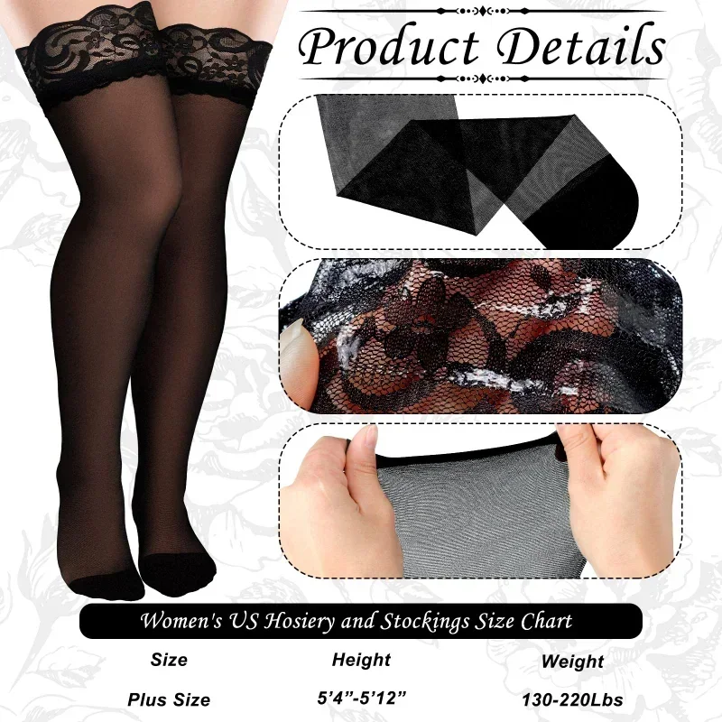 Plus Size Sexy Lace Thigh High Knee Stockings Lingerie Women Transparent High Elastic Stockings Nylon Lace Temptation Medias