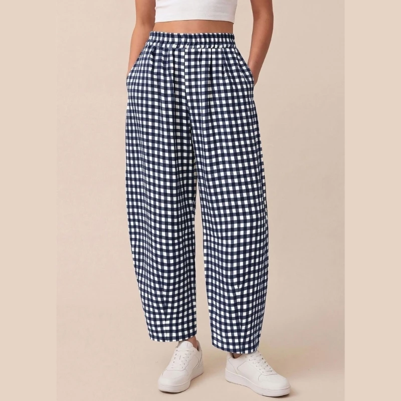 Y3NE Fashionable Womens Casual Checkered Pants Loose Fit Ankle Length For Daily Use